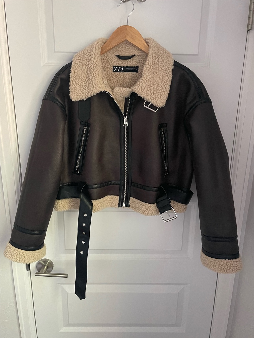 ZARA Womens M Faux Leather Aviator Bomber  Jacket Fauc Sherling Linder Brown Tan